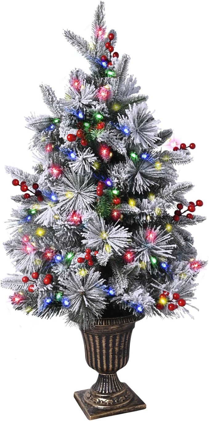 90cm Pre-lit Potted Christmas Tree, 1-Pack Flocked Snow Xmas Tree with 50 Color Led Lights, 8 Modes, PE Christmas Decoration for Home, Office, Easy Assembly