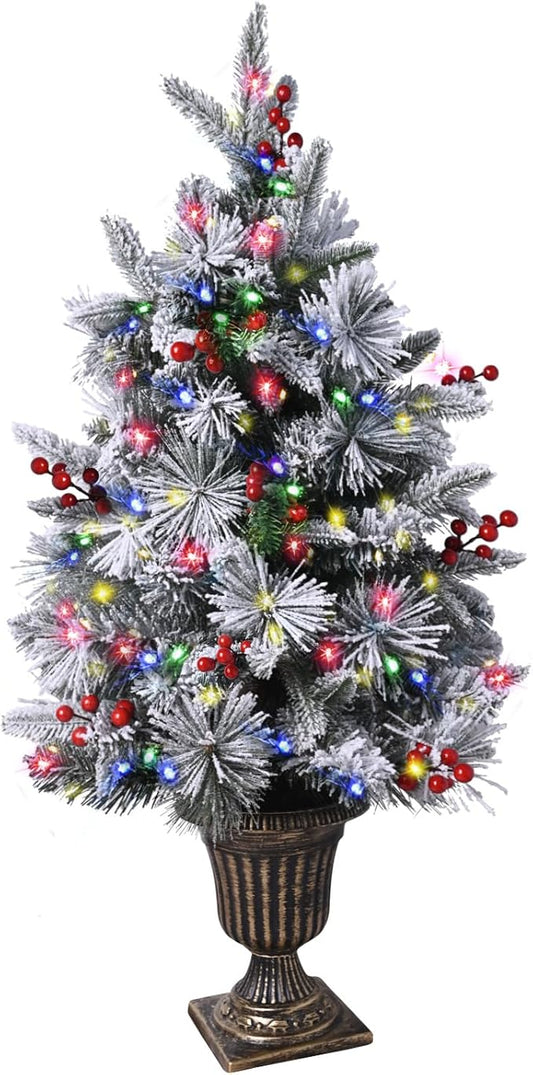 90cm Pre-lit Potted Christmas Tree, 1-Pack Flocked Snow Xmas Tree with 50 Color Led Lights, 8 Modes, PE Christmas Decoration for Home, Office, Easy Assembly