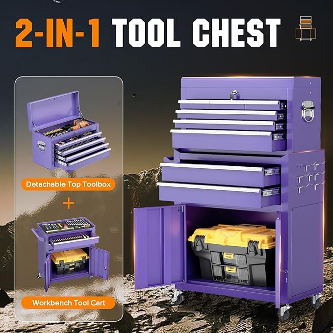 Crownland 8-Drawer Rolling Tool Chest with Wheels, Lockable 2 in 1 Detachable Tool Cabinet wit Drawers and Side Hooks, Garage Top Toolbox & Bottom Storage Cart(Purple)