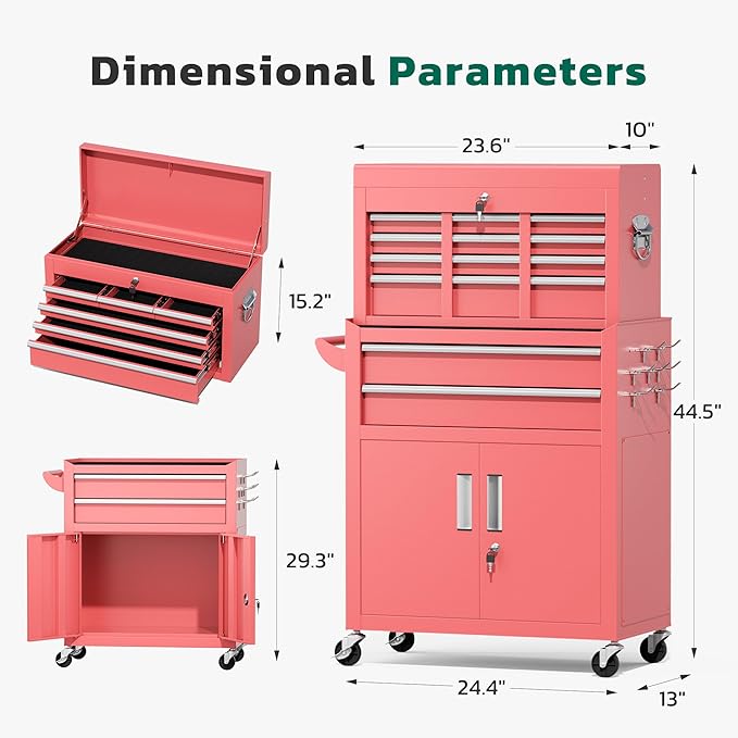 Greenvelly Tool Chest, 8-Drawer Rolling Tool Chest with Hooks and Lockable Wheels,Metal Storage Detachable Top Tool Box with Lockable Wheels for Garage,Workshop,Art Studio(Pink)