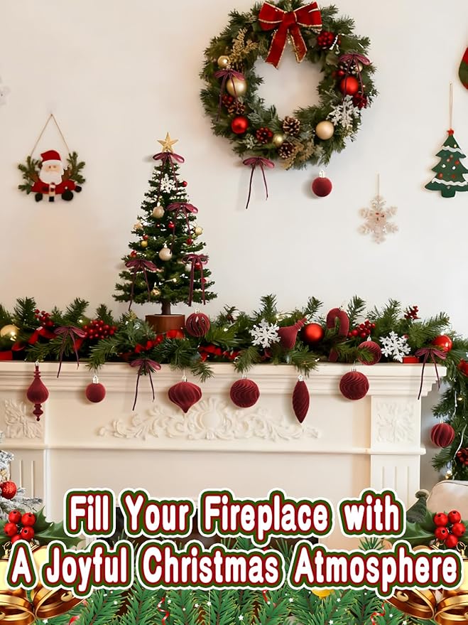 80Pcs Velvet Star Topper & Ornaments for Christmas Tree Decorations - 1 Topper Star, 2 Candy Canes, 27 Flocked Shatterproof Balls and 50 Bows (Burgundy)