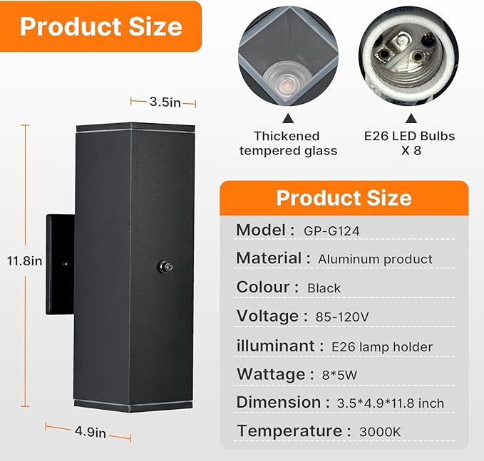 Outdoor Wall Lights 4 Packs,Modern Square Dusk to Dawn Outdoor Porch Light,Integrated LED Cylinder Up Down Lights Aluminum Waterproof Wall Lighting Exterior Light for Porch Patio Garage