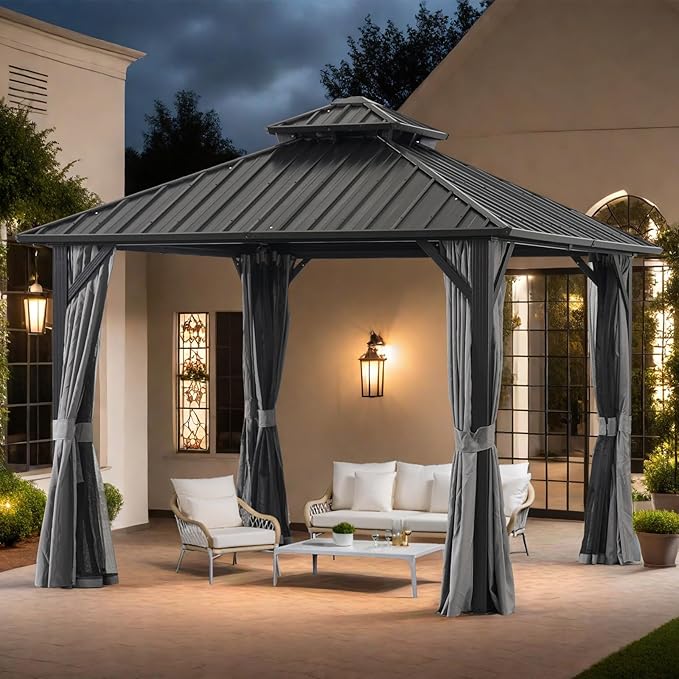 Endark 10x10FT Hardtop Gazebo with Double Roof, Aluminum Frame Outdoor Pavilion with Netting and Curtains for Patio, Backyard, Lawn