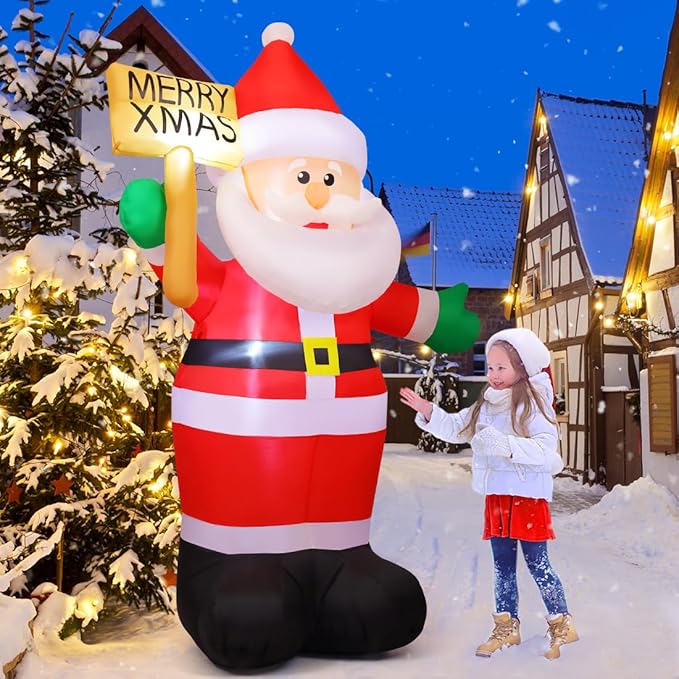 GOOSH 8 FT Christmas Inflatables Santa Claus Outdoor Decorations Blow Up Yard Santa Claus Holding Merry Xmas Sign with Built-in LEDs for Holiday Party Xmas Yard Garden Lawn Decor