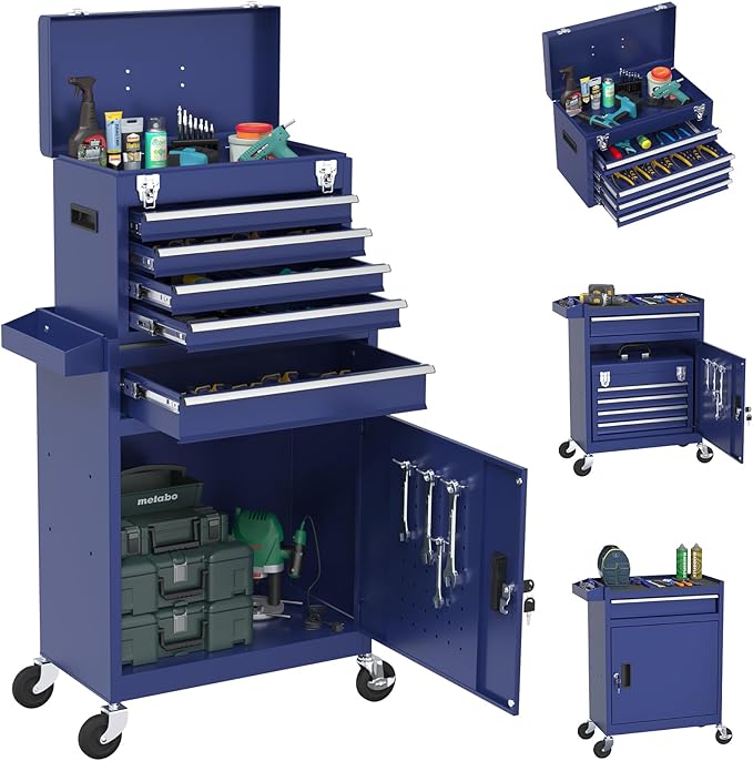 Rolling Tool Box with Wheels, 5-Drawer High Capacity Tool Chest with Wheels, Removable Storage Toolbox with Lock for Garage, Workshop (Darkblue)