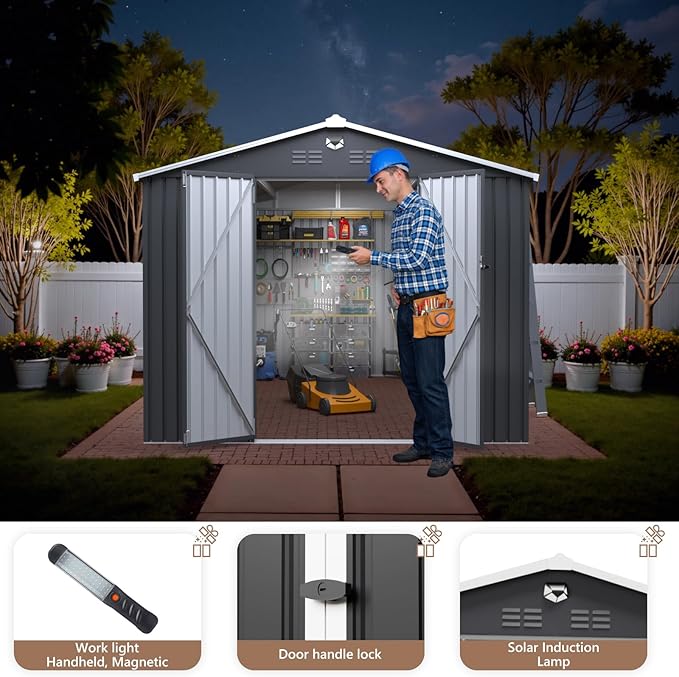 10x14 FT Outdoor Storage Shed, Metal Garden Shed - Tool Storage Sheds with Lockable Doors, Waterproof Outside Storage Building for Backyard, Patio (Black; Floor Not Included)