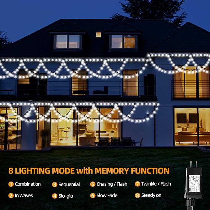 XTF2015 Christmas String Lights Outdoor Decor Color Changing 40FT 380 LED Extendable 8 Modes, Half Round Christmas Lights for Wedding Party Garden Bedroom Eaves (Cool White)
