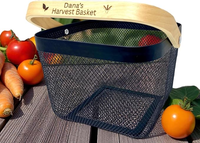 Personalized Mesh Harvest Basket with Custom Engraved Handle, Gift For Gardeners, Vegitable Harvesting Basket, Gardening Tools 9x7x7in