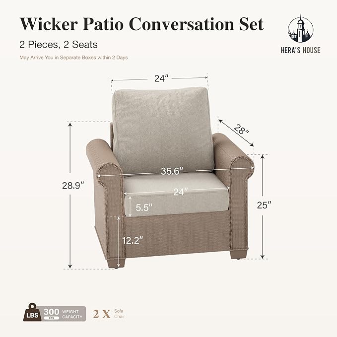 HERA'S HOUSE Patio Furniture Set, 2-Piece Outdoor Wicker Chairs with Widened 5.9" Armrests and 5.5" Thick Waterproof Cushions, All Weather Conversation Set for Lawn Backyard Garden, Beige