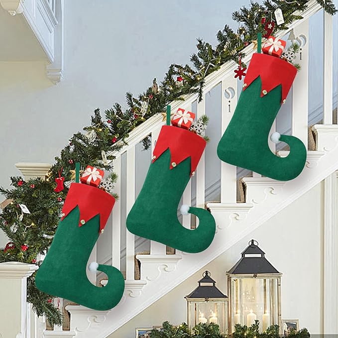 12 Pack Christmas Elf Stockings, Felt Elf Christmas Stocking with Bells Hanging Stockings, Green Xmas Stockings for Family Christmas Holiday Decorations