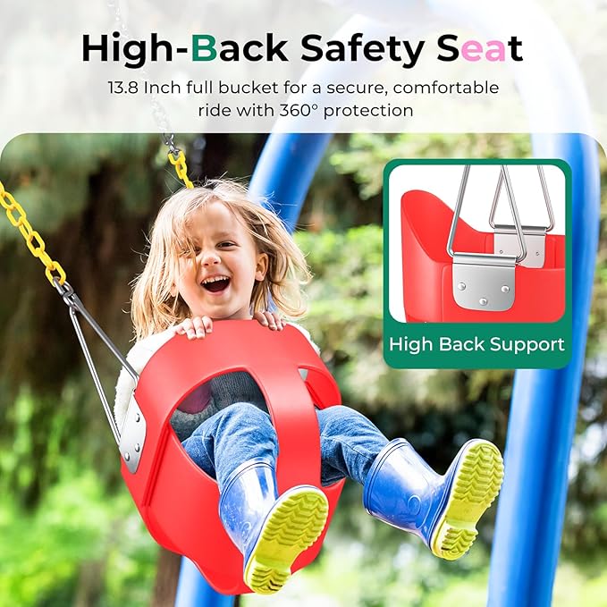 DECORLIFE Toddler Swing - High Back Full Bucket Seat for Ages 1-3, 330lb Capacity, Baby Infant Swing Outdoor with Safety Design, Plastic-Coated Chains, Carabiners for Backyard, Garden-Red