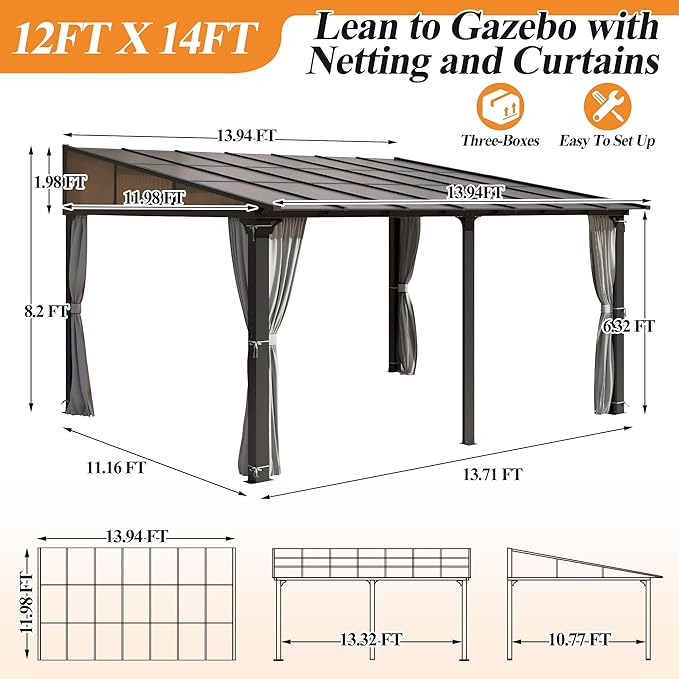 GARTOO 12’ x 14’ Gazebo for Patio - Aluminum Lean to Gazebos Pergola with Sloping Roof, Outdoor Wall-Mounted Canopy Awnings to House for Patio, Garden, Lawn, Backyard Deck