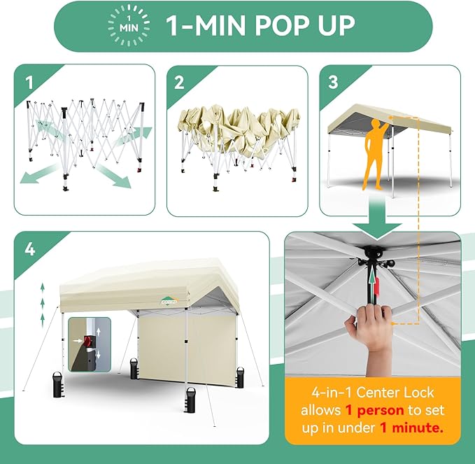 COBIZI 10x10 Pop Up Canopy with One Button Push Center Lock,Ez Up Portable Carport with 1 sidewall,Waterproof UV50+ Outdoor Party Commercial Carport Canopy Gazebos with Carry Bag(10 x 10 ft Khaki)