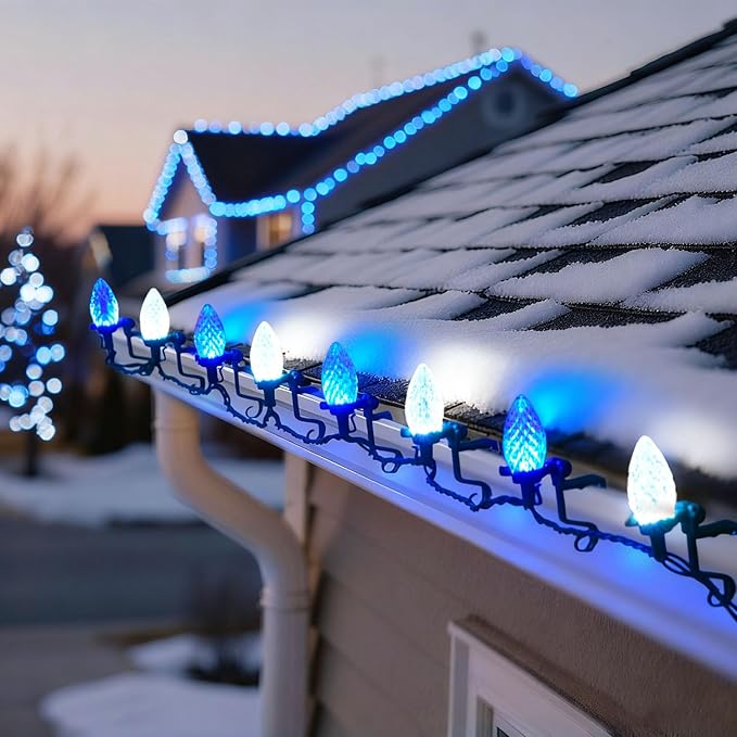 C9 LED Outdoor Christmas Lights,C9 String Lights with Quick Clips,for Xmas House Roof Gutter,Plug in & Connectable,66FT 100 Light,Blue & White
