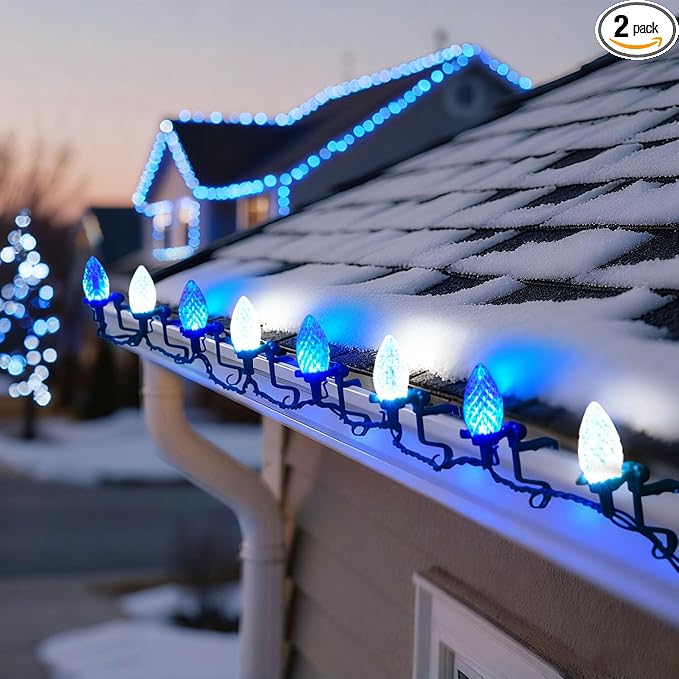 C9 LED Outdoor Christmas Lights,C9 String Lights with Quick Clips,for Xmas House Roof Gutter,Plug in & Connectable,132FT 200 Light,BlueWhite Faceted