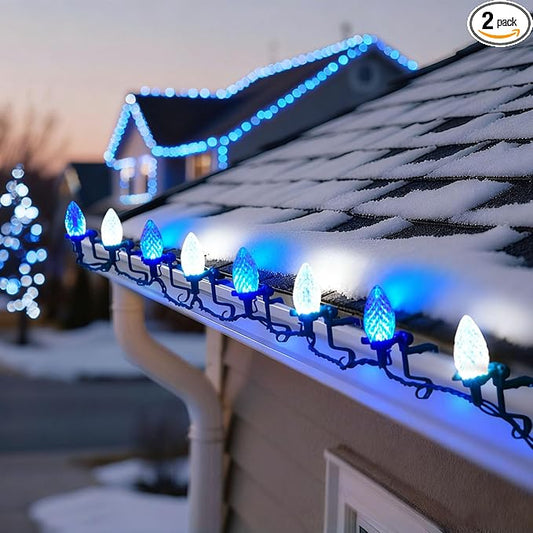C9 LED Outdoor Christmas Lights,C9 String Lights with Quick Clips,for Xmas House Roof Gutter,Plug in & Connectable,132FT 200 Light,BlueWhite Faceted