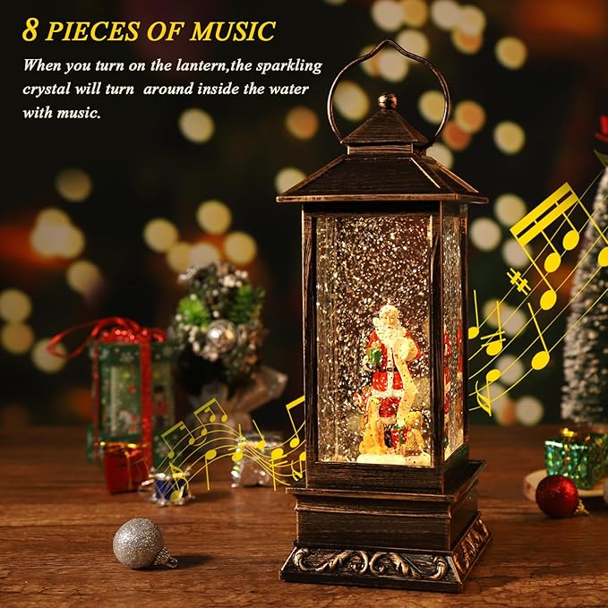 Musical Rotating Christmas Snow Globe Lantern with Santa Claus - Lighted Sparkling Water Lantern with 8 Festive Songs & Timer, Indoor Christmas Decorations for Home/Party