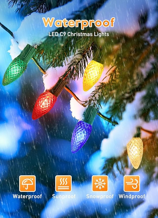 Vintage C9 LED Christmas Lights Outdoor, 50 Feet String Lights with 52pcs Shatterproof C9 Bulbs, Waterproof Connectable Commercial Christmas Tree Lights for Outside Roofline Patio Decor, Multicolor