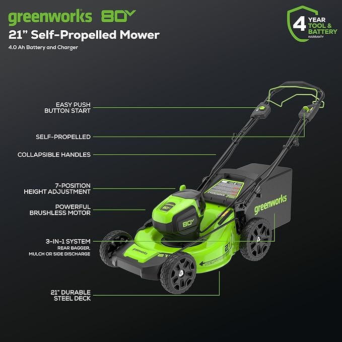 Greenworks 80V 21” Brushless (Self-Propelled) Cordless Electric Lawn Mower + (580 CFM) Axial Leaf Blower + 16” (Attachment Capable) String Trimmer, 4.0Ah Battery and 60 Minute Rapid Charger
