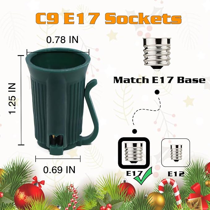 100FT C9 Light String Christmas Stringer, E17 Light Sockets 12" Spacing, C9 Stringer Set Green Outdoor String Light Strand for Wedding Patio Event Lighting Decor, Green Wire