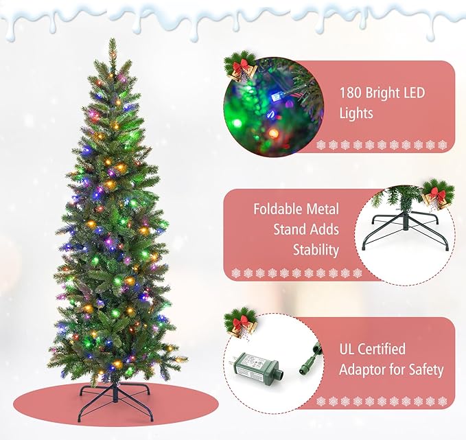 GOFLAME 5ft Pre-lit Pencil Christmas Tree, Artificial Christmas Tree with 180 LED Lights, 10 Light Modes, 390 Branch Tips, Metal Stand, Hinged Xmas Tree for Holiday Festival Decor