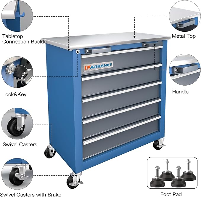 LARBANKE 5-Drawer Rolling Tool Chest,Locking Metal Tool Cabinet with Drawer Liners,Non-Slip Pearl Cotton Mat,360¡Æ Wheels for Easy Move,Can be Used in Combination with The Seven-Drawer Tool Cabinet