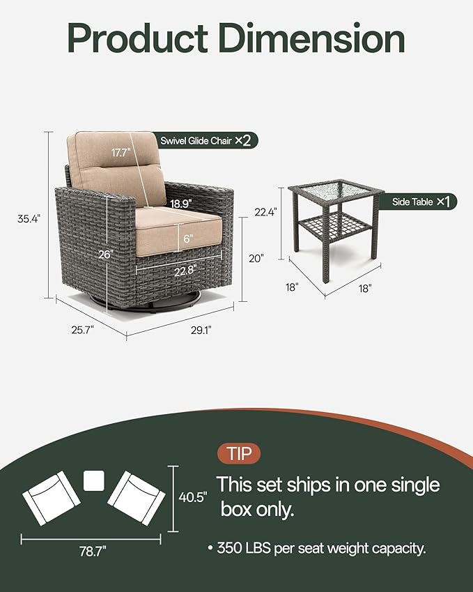 Luxury 3-Piece Patio Furniture Set with 6-Inch Thick Cushions, Outdoor Swivel Rocker Chairs and Table, Wicker Conversation Set for Porch, Deck, Balcony, Yard in Beige