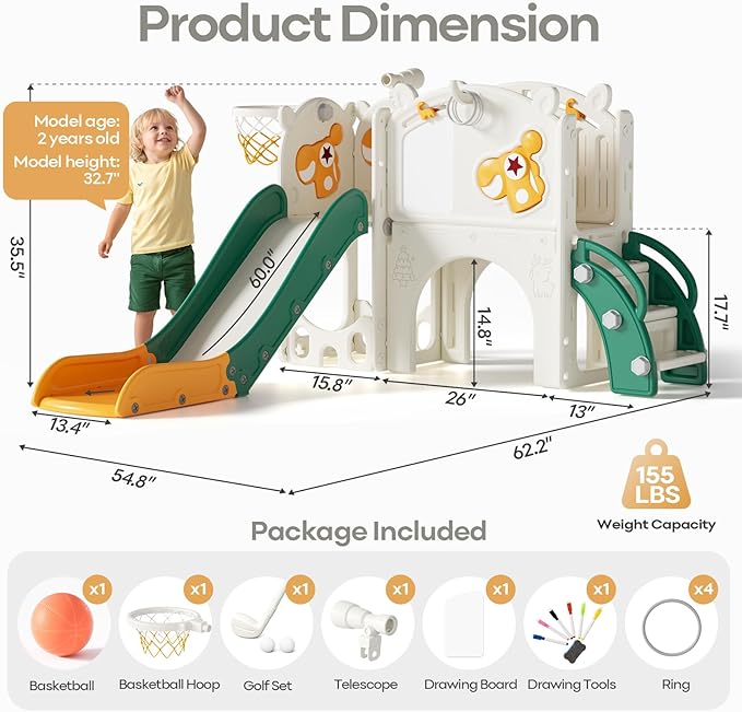 Mloong Toddler Slide for Kids - 10 in 1 Kids Slide for Toddlers Baby 1-3 Years Old, Indoor and Outdoor with Basketball Hoop Golf Drawing Set, Easy Assembly Elk Theme (Green)(54×62×39in)