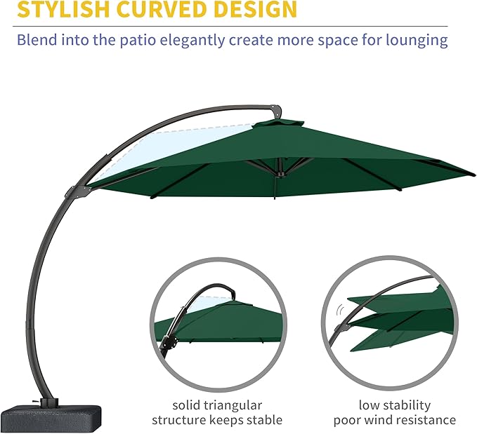 Kingdura 11ft Offset Cantilever Patio Umbrella with Base Included, Large Round Aluminum Outdoor Umbrella, 360° Rotation & Infinite Tilt, Heavy Duty Frame for Deck Pool Backyard, Dark Green