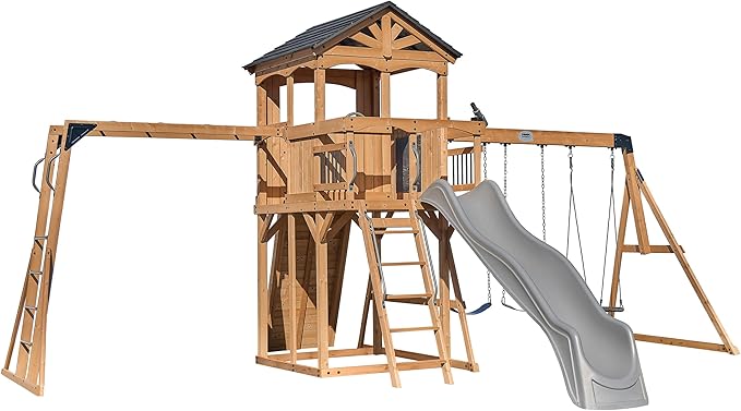 Backyard Discovery Dover Bay Spruce Wood Swing Set with Wave Slide, Clubhouse, Monkey Bars, Rock Wall, Belt Swings, Step Ladder, Toy Telescope, Chalkboard, Outdoor Playset