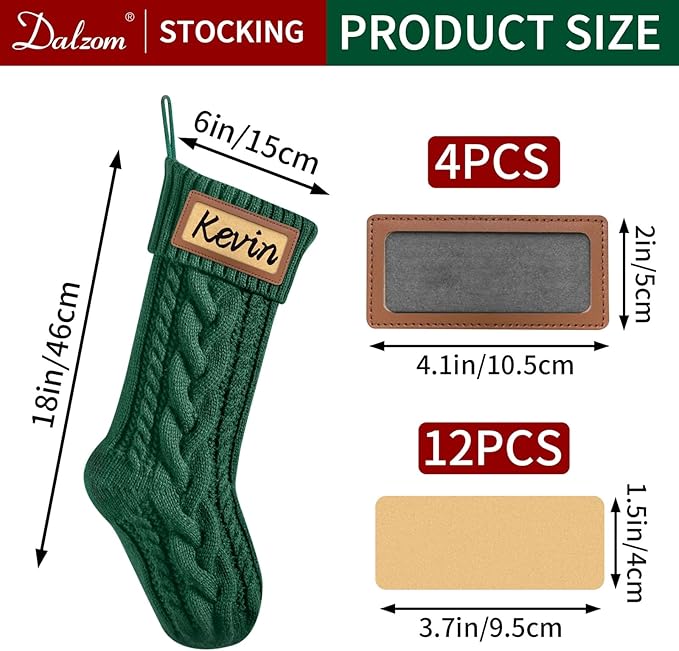 Dalzom® 4Pcs Personalized Christmas Stockings with Leather Patches Custom Name, 18” Premium Large Knitted Christmas Stockings for Kids, Family, Holiday and Fireplace Party Decoration