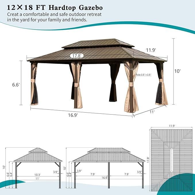 Domi Hardtop Gazebo 12x18FT, Aluminum Metal Gazebo with Galvanized Steel Double Roof Canopy, Curtain and Netting, Permanent Gazebo Pavilion for Patio, Backyard, Deck and Lawn, Brown