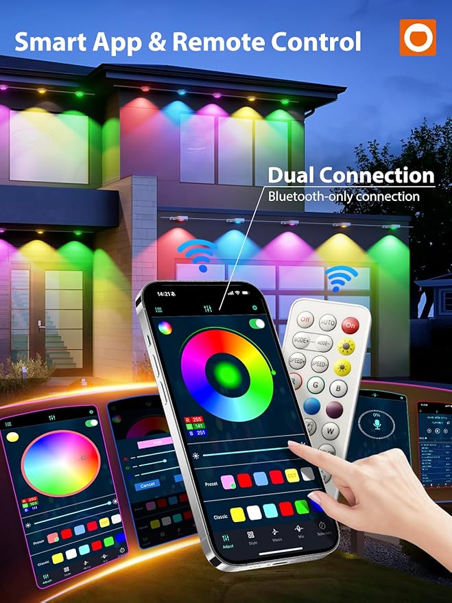 addlon Permanent Outdoor Lights, 150FT with 90 Dual-LED Design, RGB & Warm White Eave Lighting, Remote & App Control, Cuttable & Extendable, IP67 Waterproof, for Halloween Décor, Christmas Light