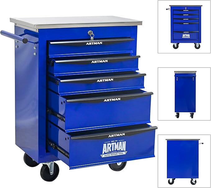RYH 4/5/6/7 Drawers Rolling Tool Chest -Heavy Duty Mobile Metal Tool Box with Locking Wheels, with Stainless Steel Worktop, Garage Tool Storage Cabinet (Blue, 5-Drawers 30.7 H¡¿22.2 W)