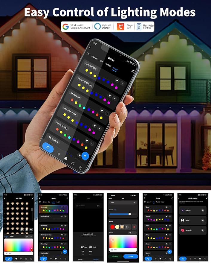 Permanent Christmas Eave Lights, 100ft with 72 RGB LED Lights, IP65 Waterproof, 49 Scene Modes, DIY Mode, Alexa/Google Compatible