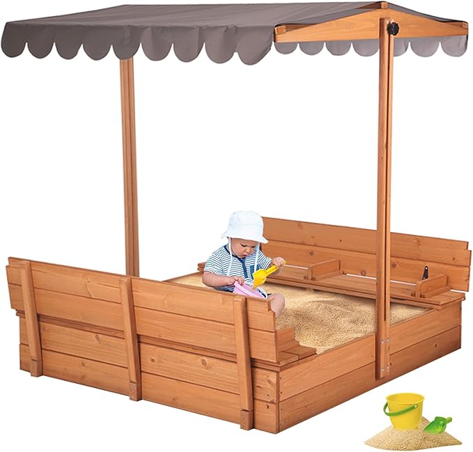 Aivituvin Kids Sand Boxes with Lid and Canopy, Outdoor Sandboxes with Cover, Foldable Bench Seats, Retractable Roof, Sand Table for Kids Ages 4-8 (Brown)