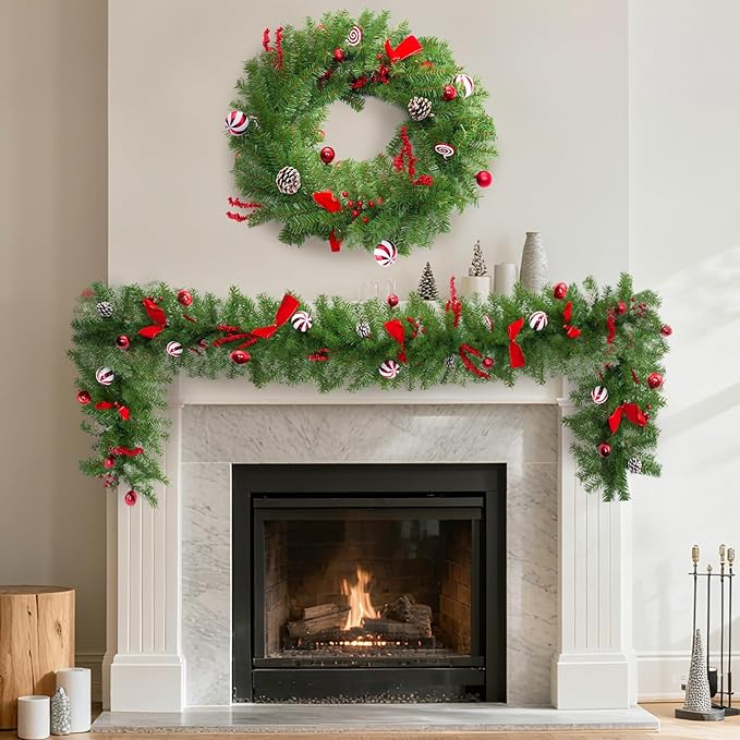 Christmas Garland with Lights, 6 Ft Real Touch Winter Pine Garland, Green Artificial Greenery Garland for Table, Table, Stairs, Door, Christmas Decor for Home Wedding Fireplace Party (One Pack)