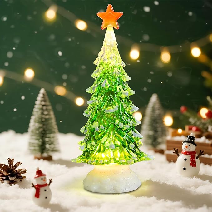Small Christmas Tree Green Acrylic Tree with Timer 8 Inch Tabletop Christmas Tree with LED Lights Vintage Christmas Decoration Battery Operated Mini Green