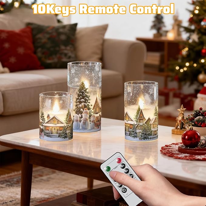Wondise Chrismtas Snowman Glass Flameless Candles with Remote Timer, Battery Operated Real Wax LED Flickering Pillar Candles with Christmas Tree Decal for Christmas Decoration