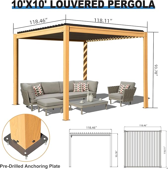 10’ x 10’ Louvered Pergola, Outdoor Pergola Aluminum Frame with Adjustable Rainproof Metal Roof, Permanent Sun Shade with Drainage System for Backyard, Garden and Lawn (Wooden Grain)