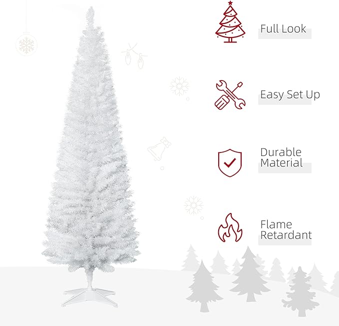 HOMCOM 6' Artificial Pencil Christmas Tree, Slim Xmas Tree with 390 Realistic Branch Tips and Plastic Stand, White