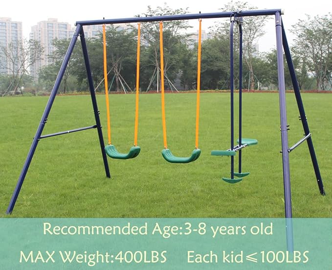 Outdoor Garden Swing Set with Four Seats A-Frame Heavy-Duty Steel with 1 Seesaw and 2 Swings Play Set for Kids