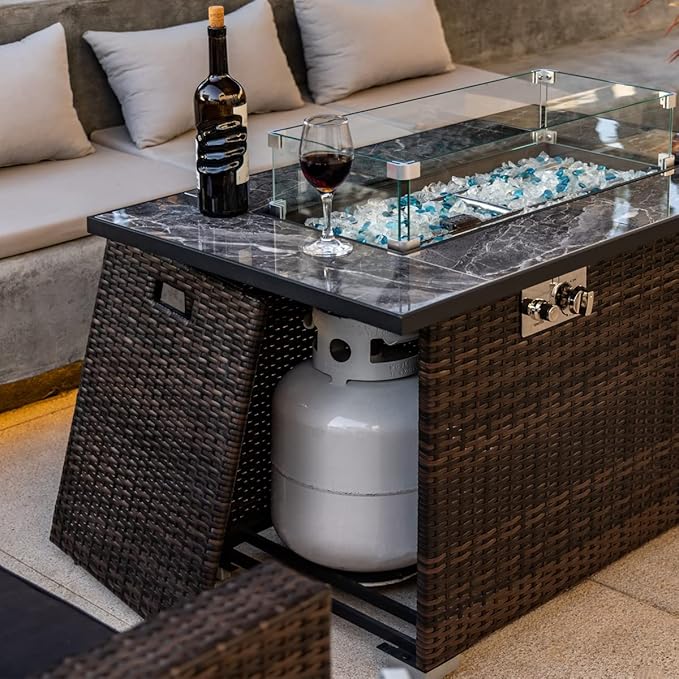 44in Outdoor Propane Gas Fire Pit Table, 50,000 BTU Auto-Ignition Gas Firepit with Glass Wind Guard, Marble Tile Tabletop, Mixed Color Glass Rocks, Brown PE Rattan¡¦