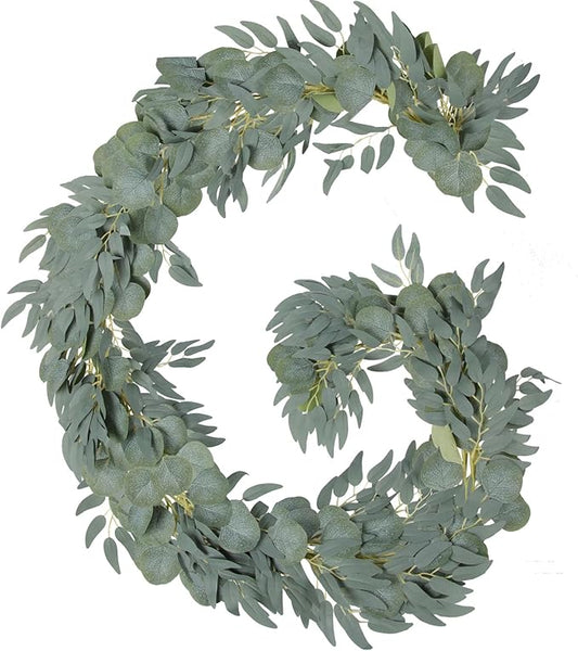 Grever 2 Pack Artificial Greenery Garlands 6.56 Feet Fake Eucalyptus Leaves Garland with Willow Leaves for Indoor and Outdoor Wedding Birthday Bridal Baby Shower Arch Table Runner Decor