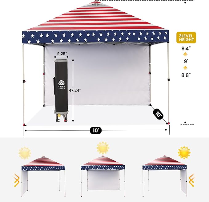 CROWN SHADES 10x10 Pop Up Canopy with 1 Side Wall - Beach Tent with One Push Setup - Outdoor Sun Shade for Events, Parties, Camping - Gazebo with STO-N-Go Cover Bag (American Flag)