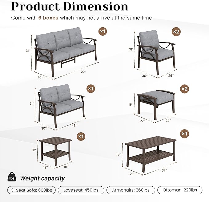 8-Pieces Outdoor Patio Furniture Set, Outdoor Metal Sectional Furniture with Cushions, Outdoor Conversation Seating Set with Coffee Table for Garden, Balcony, Deck, Backyard, Grey