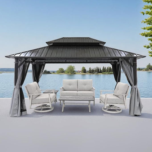 10' x 12' Hardtop Gazebo, Aluminum Frame Outdoor Patio Gazebo with Netting and Curtains, Outdoor Hardtop Gazebos, Patio Pergolas with Double Metal Roofs for Backyard, Patio, Deck, Slate Gray