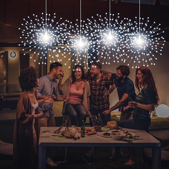 2 Pack Starburst Sphere Lights,200 LLED Firework Lights, 8 Modes Dimmable Remote Control Waterproof Hanging Fairy Light, Copper Wire Light for Patio Parties Christmas (White)