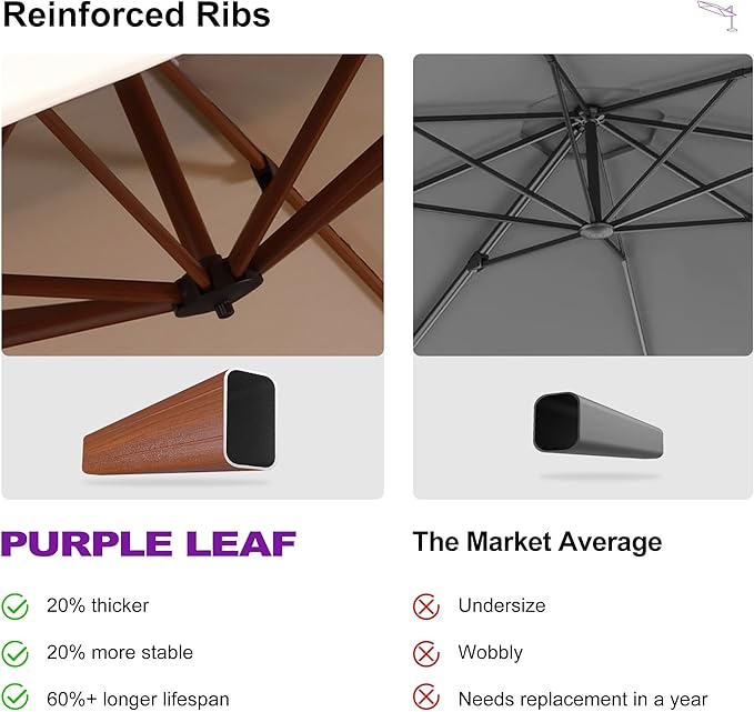 PURPLE LEAF 12' X 12' Patio Large Cantilever Umbrella Outdoor Square Wood Umbrellas Offset Umbrella Heavy Duty Sun Umbrellas for Garden Deck Pool, Deep Beige
