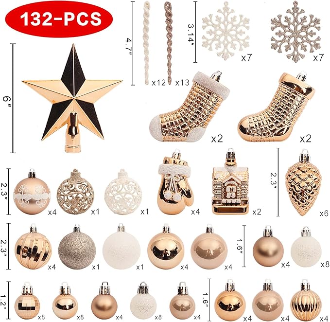 ROSELEAF 132-pc White with Blue Accents Traditional Christmas Tree Ornament Set - Shatterproof Plastic Hanging Ornaments for Christmas, Anniversary, Wedding